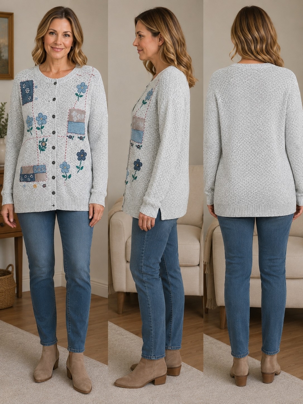 Alfred Dunner Light Gray Button-Front Patchwork Floral Cardigan